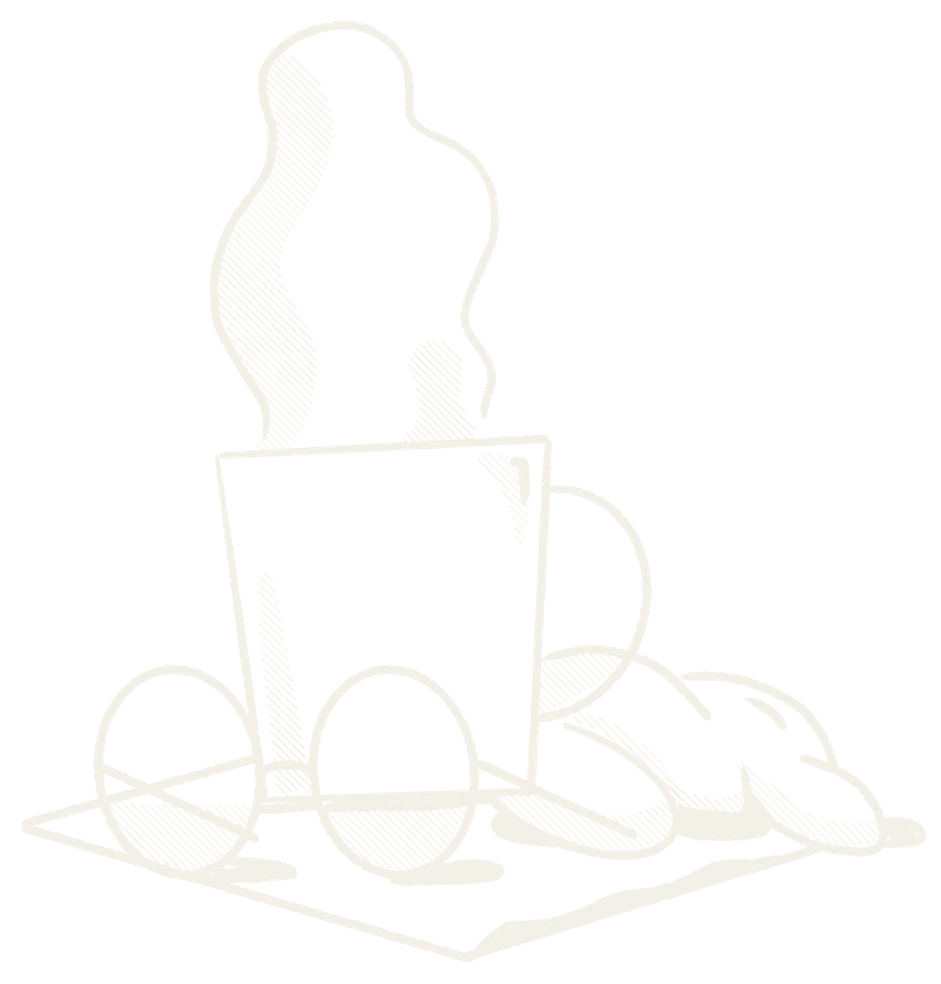 Ilustración: una taza de café, unas gafas y un croissant sobre una servilleta
